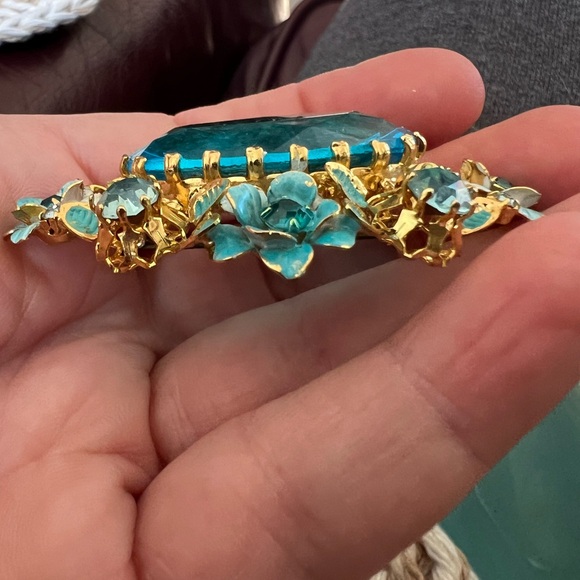 Vintage Large Signed Made In Austria Crystal Blue Enamel Flowers Brooch Pin - Picture 5 of 6